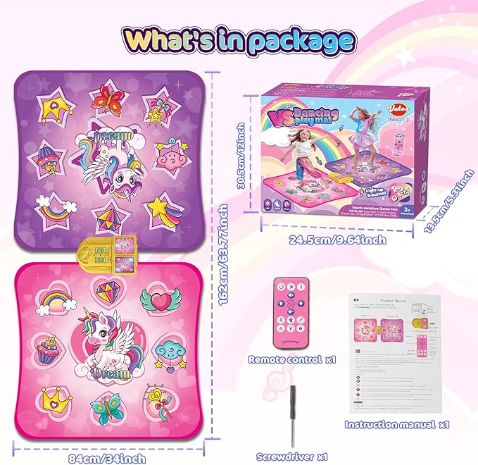VATOS Double Dance Mat for Girls - 4 Game Modes & 9 Challenge Levels with Adjustable Volume, Led Light & Wireless Bluetooth | Music Play Mat Birthday Gifts Toys for Kids Ages 3 4 5 6 7 8 9+ Years Olds