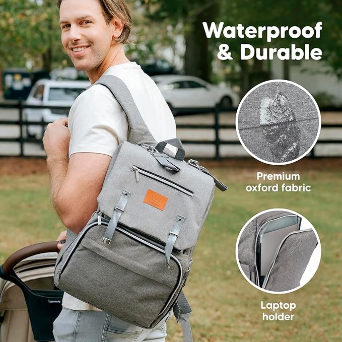 KeaBabies Baby Diaper Bag Backpack, Travel - Large Baby Bag for Mom and Dad, Waterproof, Multi-Function Girl Boy Diaper Backpack with Changing Pad, Durable Travel Essentials (Classic Gray)