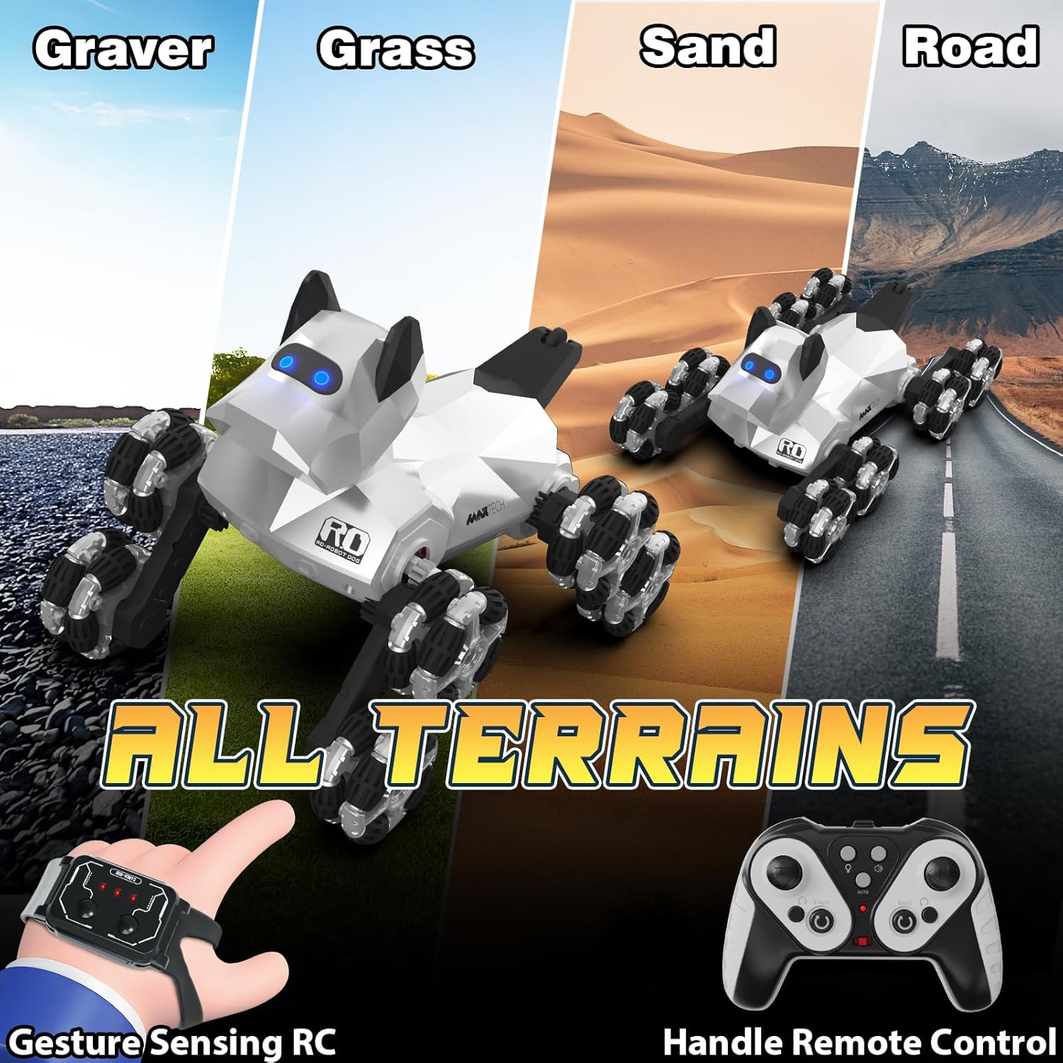 Remote Control Robot Dog Toy 2.4GHz 8WD All-Terrain Gesture Sensing Stunt RC Cars RTR Climbing Robot Dogs with Music Light Eyes 2 Rechargeable Batteries for 8-12 Boys Girl Kids