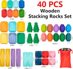 Wooden Stacking Rocks - 40 Pcs Montessori Sensory Learning Toys for Kids 3-9 | Balance Building Blocks Educational STEM Toys for Boys Girls