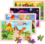 Wooden Puzzles Toys for Kids Ages 3-5, Set of 4 Packs Dinosaur, Space, Transportation Wood Toddler Puzzles, Preschool Brain Teaser Toys for Boys and Girls 2 3 4 5 6 Years Old
