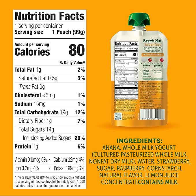 Beech-Nut Toddler Food Breakfast Pouches,Yogurt Banana & Mixed Berry Puree, 3.5 oz (12 Pack)