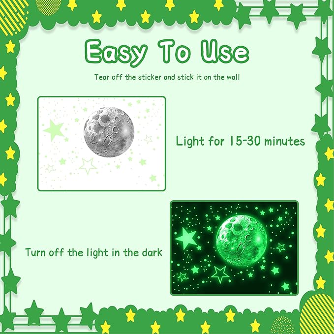 965 PCS Glow in The Dark Stars and Moon for Ceiling, Luminous Stars and Planet Wall Decals, Kids Room Decor, Glowing Galaxy Wall Stickers for Nursery Decorations (Green)