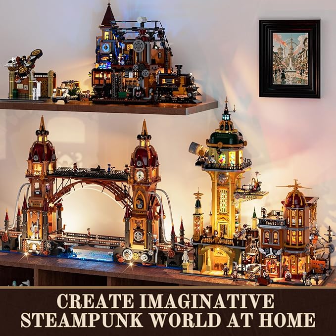 FUNWHOLE Steampunk Observatory Tower Lighting Building-Bricks Set - Astronomy Tower 2744 Pcs Collection Display Set for Adults and Steampunk Lovers