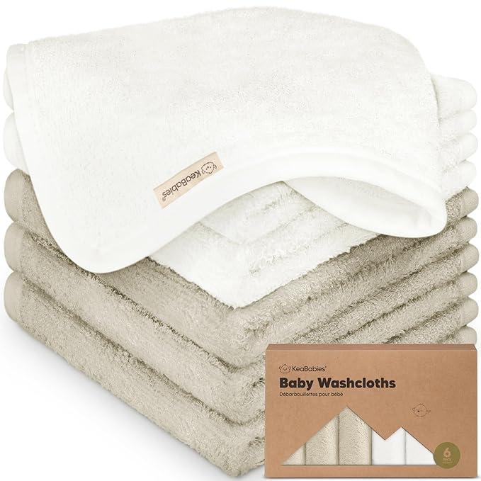 6-Pack Baby Washcloths - Soft Absorbent Viscose from Bamboo Wash Cloths for Babies, Kids, Toddlers, Infant, Newborn Bath Towels, Gentle on Sensitive Skin, 10x10 Reusable Face Towels (White/Stone)