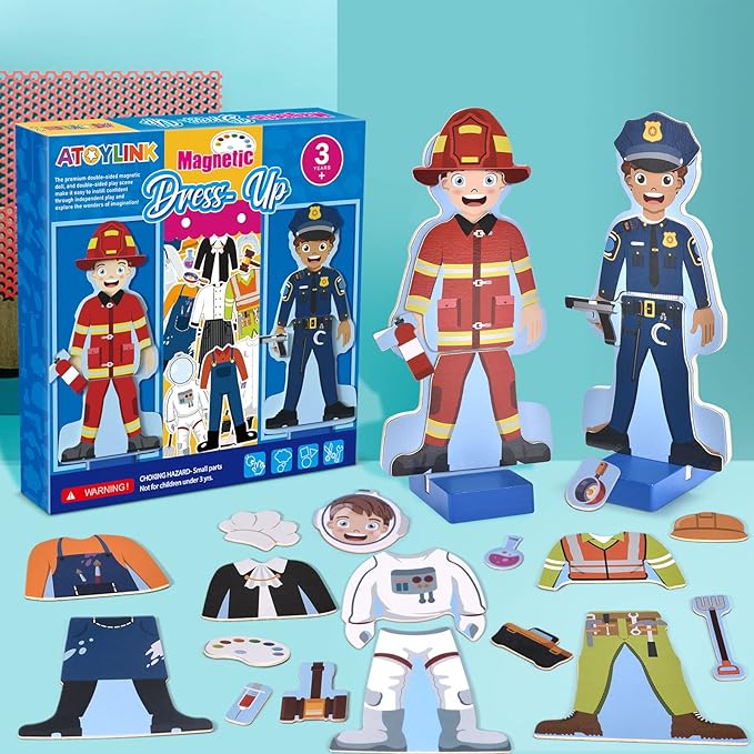 Atoylink Wooden Magnetic Dress up Dolls Pretend Play Set 40+ Pcs Occupations Community Helpers Matching Games Fridge Magnets for Toddlers Preschool Learning Toys Boys Birthday Gifts