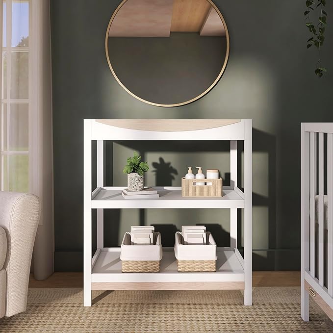 Dream On Me Emerson Baby Changing Table – Compact Modern Changing Station with 2 Open Shelves, New Zealand Pinewood, Easy-to-Clean Non-Toxic Finish, Space-Saving Nursery Storage – Vintage White Oak