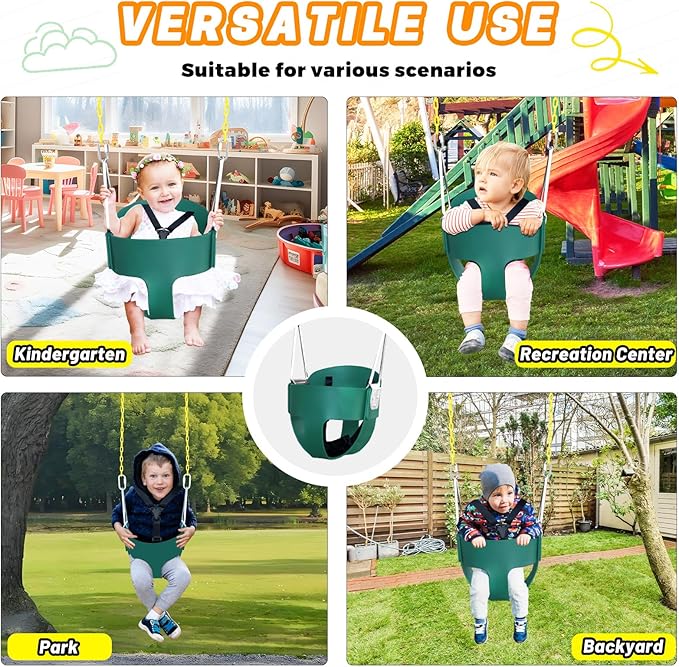High Back Full Bucket Toddler Swing Seat with 3- Point Adjustable Safety Harness, 66 inch Detachable Chain,Suitable for Babies Aged 6-24 Months，Baby Swing for Swingset (Green)