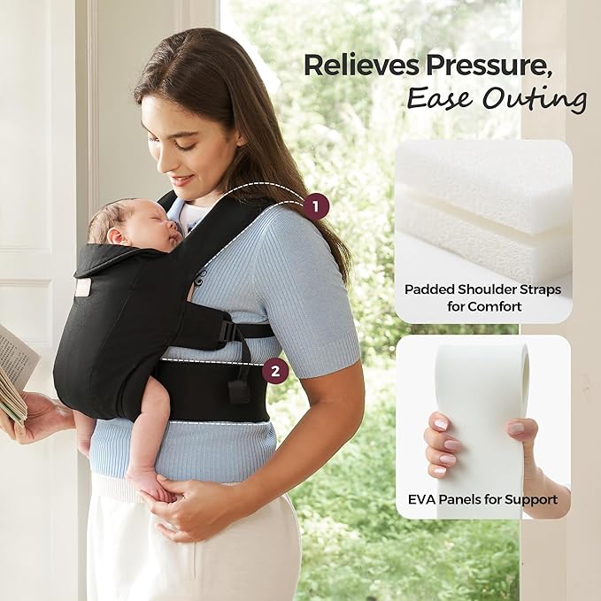 Momcozy Newborn Carrier WeeSnug- Lightweight and Cozy Comfort for 7-25 lbs, Ergonomic Cross-Back Support, Effortless to Put On, Hands-Free Baby Carrier with Lumbar Support, Black