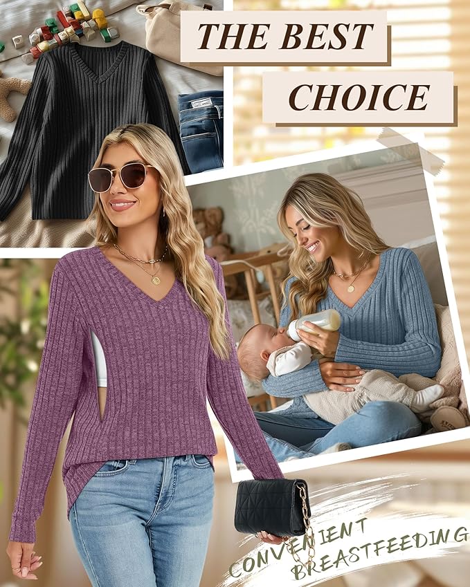 3 Pack Women's Maternity Nursing Tops, V Neck Breastfeeding Sweaters Long Sleeve Hidden Zipper Shirts