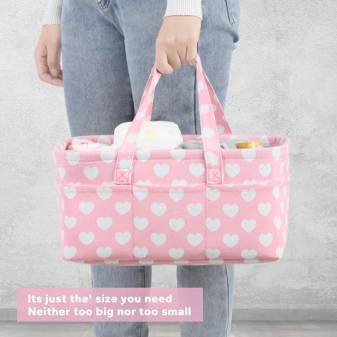 Diaper Caddy Organizer for Baby Girl-Nursery Storage Bin-Portable Car Organizer for Diapers and Baby Wipes- Baby Shower Registry Basket Newborn Must Have Tote Caddy Bag（Pink Heart）