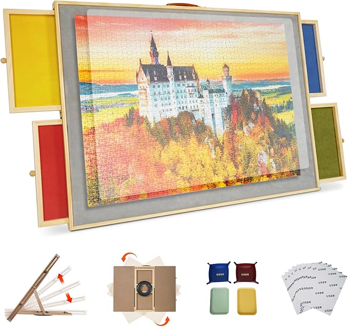 Wooden 2-in-1 Rotating & Tilting Puzzle Board for 1500 Pieces, 26"x36" Jigsaw Puzzle Table with Drawers, Cover & Lazy Susan, 60° Ergonomic Non-Slip Surface, Portable Board with 4 Sorting Trays