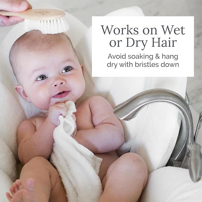 Natemia Baby Hair Brush - Wooden Handle & Soft Goat Bristles for Gentle Grooming & Scalp Massage - Newborn & Toddler Hair Brush for Cradle Cap Care (Oval)