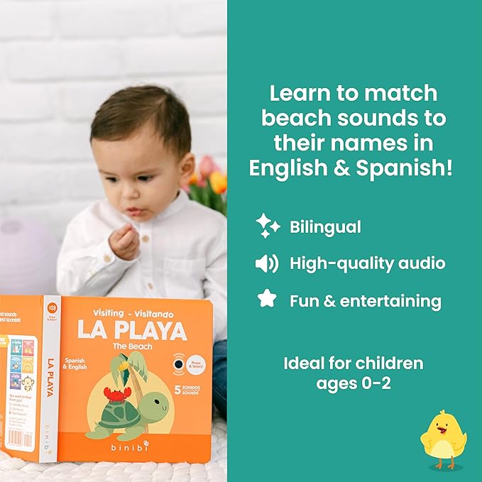 Binibi Spanish Books for Babies & Toddlers 1-3 The Beach Interactive Bilingual Sound Book with Fun Beach Sounds | Bilingual Children's Book | Spanish Learning for Kids