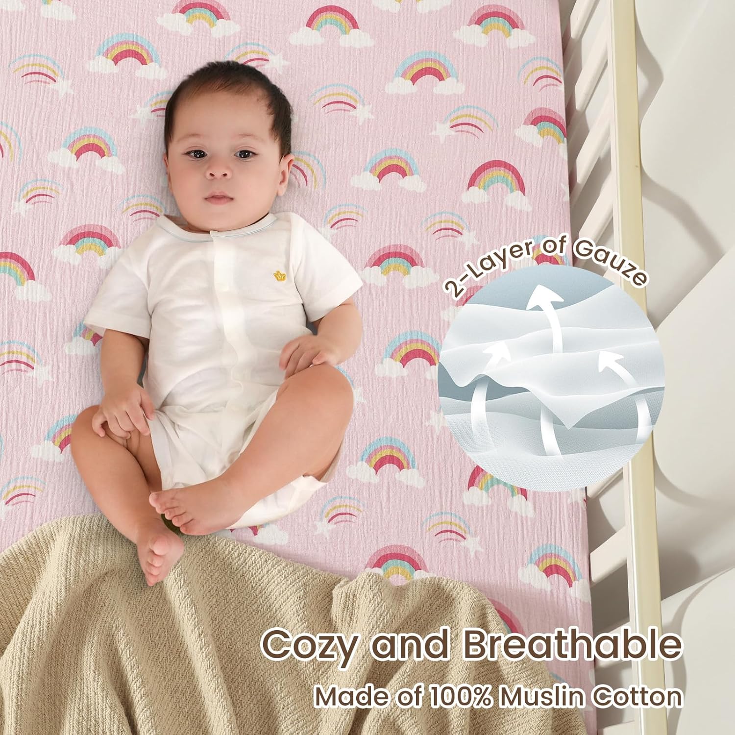 david's kids Muslin Mini Crib Sheets, 2 Pack Cotton Pack N Play Sheets for Boys Girls Neutral, Soft Breathable Baby Sheets Fit Pack N Play, Playard and Mini Crib Mattresses, Rainbow