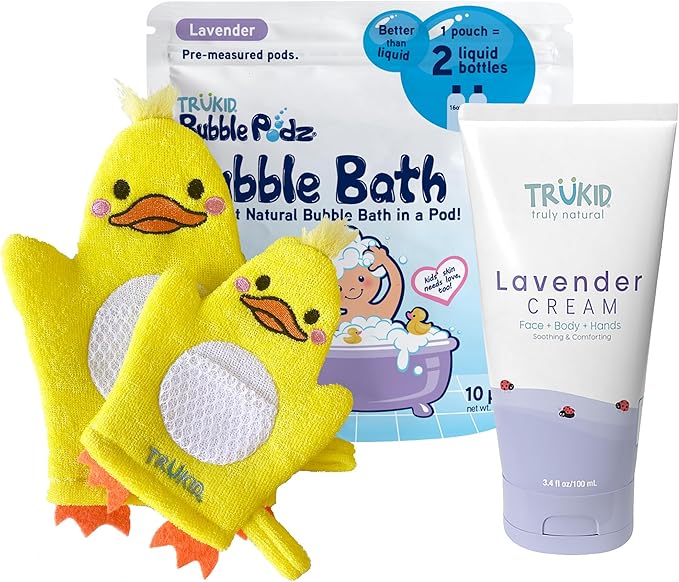 TruKid Lavender Bubble Podz, Baby Cream & Bubble Glove Set – Soothing Bath and Skincare Bundle for Kids