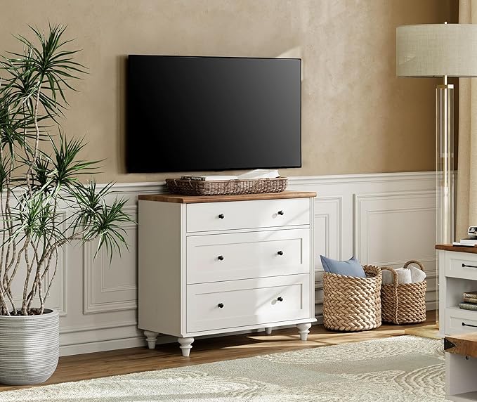 WAMPAT Dresser for Bedroom with 3 Drawers, Kids Dressers with Wide Chest of Drawers, Mid Century Modern Wooden Closet Storage Organizer for Living Room, Nursery, Hallway, White