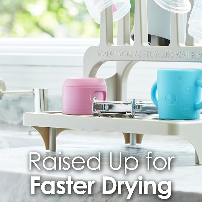 PopYum Seattle Gray Space Saving Drying Rack from 100% Recycled Bottles with Clear Frosted Silicone Drying Mat, countertop for Baby Bottle, Plastic Bags, Cups, Glass, tumblers, Compact