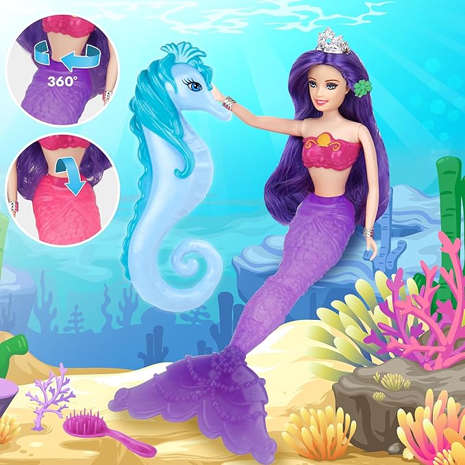 BETTINA Magical Color Changing Mermaid Doll, Princess Mermaid Toy with Seahorse & Dolls Accessories - Vibrant Purple Hair and Transforming Tail, Mermaid Gifts Toys for Girls Aged 3-7