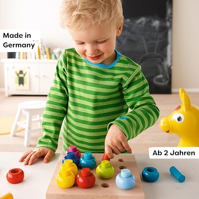 HABA Rainbow Whirls Wooden Sorting & Stacking Rings Shape Sorter, Educational Toys for 2 Year Old & Up, Color Sorting Fine Motor Toys, Made in Germany