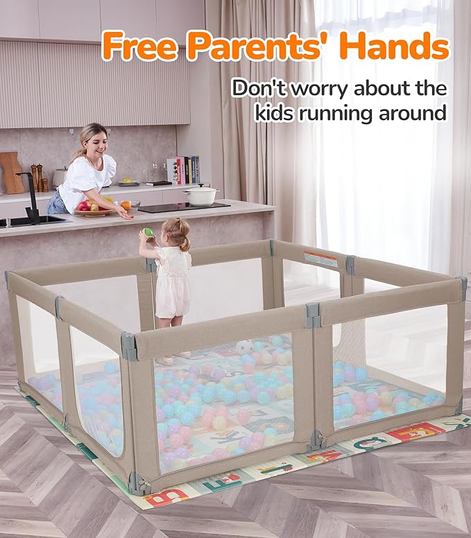 Dripex Foldable Playpen for Babies and Toddlers, 71"×69" Extra Large Baby Playpen, Indoor & Outdoor Safety Gate Collapsible Play Pen, Baby Fence Play Area with Visible Mesh, Khaki