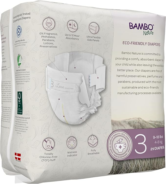 Bambo Nature Hypoallergenic Dream Baby Diapers, Premium Eco-Labeled Sustainable Diapers, Enhanced Leakage Protection, Totally Chlorine-free, Skin Friendly, and Super Absorbent - Size 3 (87 Count)