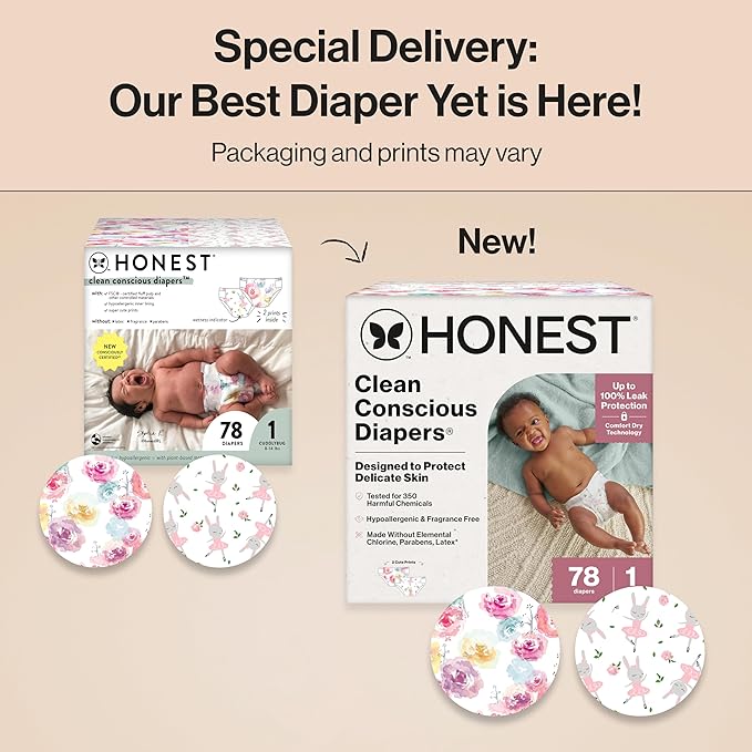 The Honest Company Clean Conscious Diapers for Delicate Skin | Up to 100% Leakproof | Hypoallergenic, Fragrance Free | Girl Prints | Club Box, Size 1 (8-14 lbs), 78 Count (Prints May Vary)