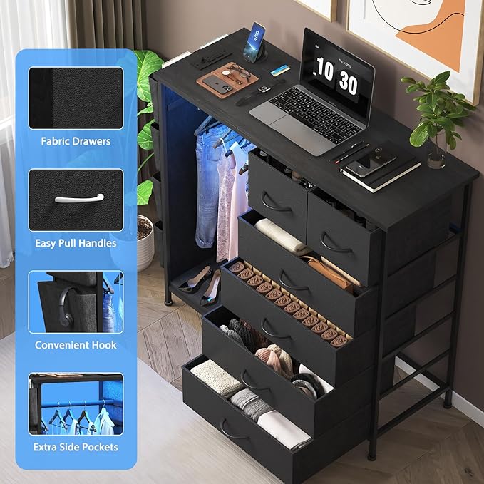 6 Drawer Dresser for Bedroom with Clothes Rack, Clothes Dresser with Side Pockets and Hooks, Charging Station & LED Lights, Wooden Top, Fabric Storage (Black)