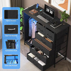 6 Drawer Dresser for Bedroom with Clothes Rack, Clothes Dresser with Side Pockets and Hooks, Charging Station & LED Lights, Wooden Top, Fabric Storage (Black)
