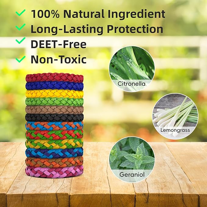 Mosquito Repellent Bracelets, DEET-Free, Individually Wrapped PU Leather Insect & Bug Repellent Wrist Bands (Pack of 24)