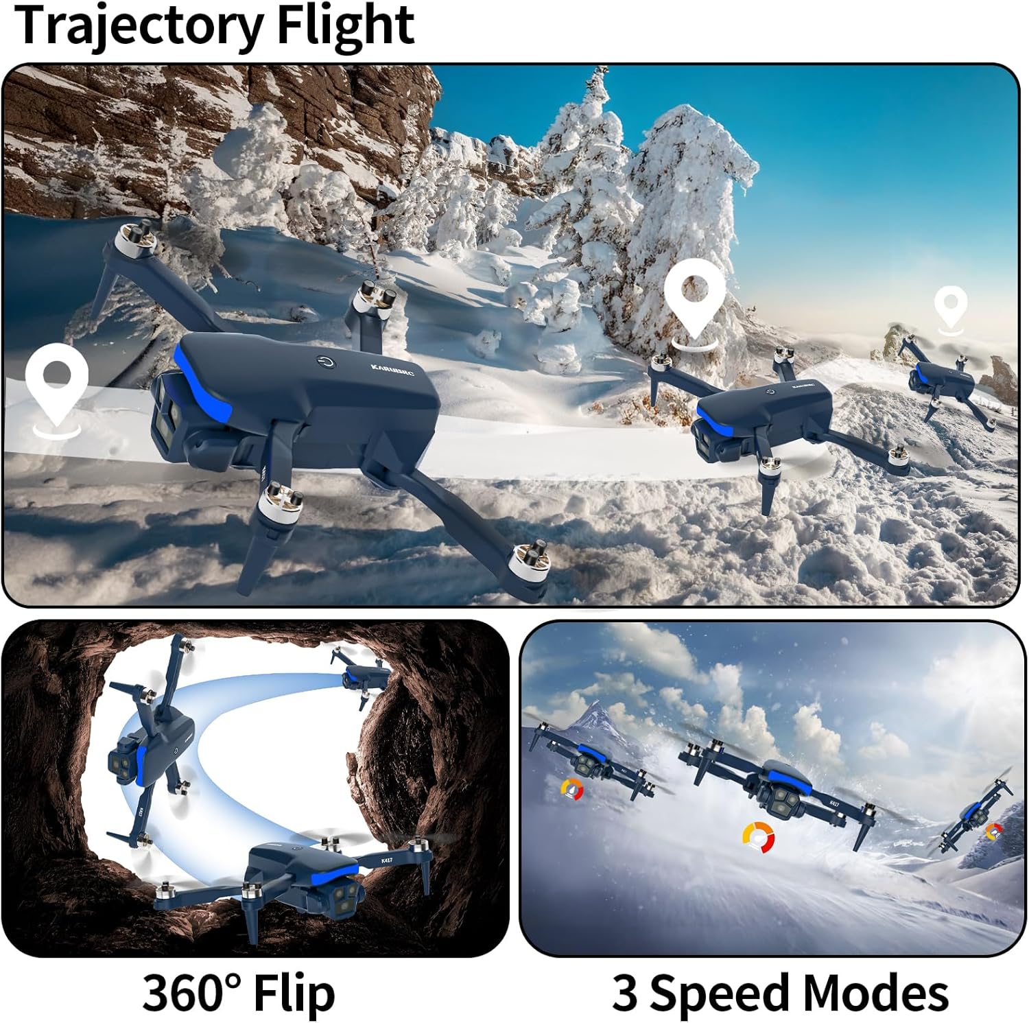 K417 Drone with 2 Cameras 1080P HD 90°Electric Adjustable FPV Drone Transmission,Blue LED Light Foldable Lightweight Remote Control Optical Flow Positioning Altitude Hold 3D Flip,for Adults Beginner