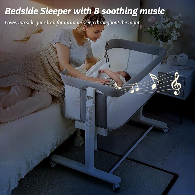 Electric Bassinet for Baby, 3 Speeds Automatic Rocking Bassinets with All mesh, 5 Height Adjustment Bedside Crib for Nweborn, 8 Music, Wheels, Light Grey