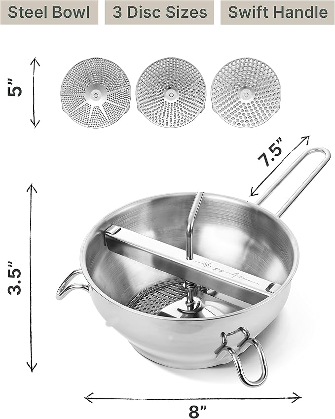 Ergonomic Food Mill Stainless Steel With 3 Grinding Discs - Rotary Food Mill for Tomato Sauce, Applesauce, Puree, Mashed Potatoes, Jams, Baby Food