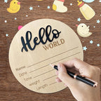 Baby Announcement Sign, 5.9 Inch Wooden Hello World Newborn Signs, Birth Announcement Sign, Baby Shower Hospital Nursery for Newborn Boys and Girls (Black,Pen)