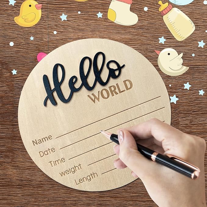 Baby Announcement Sign, 5.9 Inch Wooden Hello World Newborn Signs, Birth Announcement Sign, Baby Shower Hospital Nursery for Newborn Boys and Girls (Black,Pen)