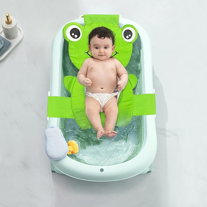 Baby Bath Seat Support Net, Quick Drying, Adjustable, Comfortable, Non-Slip, Infant Bathtub Sling Shower Mesh for a Tub, Soft Newborn Bath Mat (Green Frog)