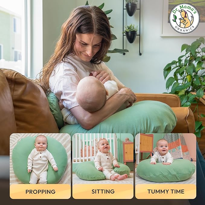 Dr. Mama's Organics Nursing Pillow with Lumbar Support - Ergonomic Design Helps Relieve Back Pain and Arm Fatigue - for Bottle and Breastfeeding - Removable Organic Cotton Cover (Sage)
