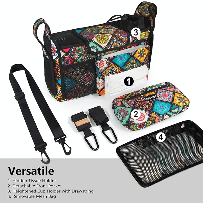 TOPDesign Universal Baby Stroller Organizer, Stroller Caddy with Detachable Mesh Bag & Heightened Insulated Cup Holders & Non-Slip Secure Hooks Accessories, Fits Most Strollers (Yoga)
