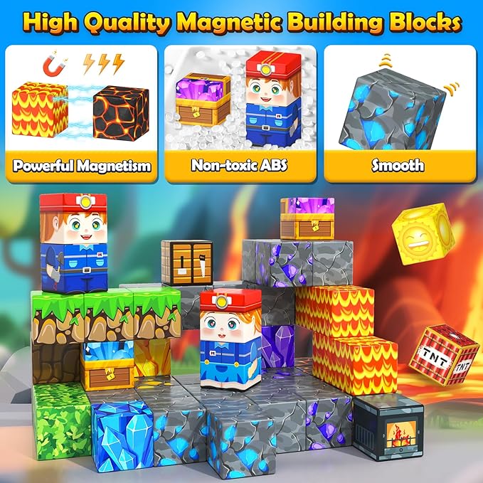 Soyee Magnetic Blocks Travel Toys with Metal Tin Travel Essentials STEM Learning Outdoor Building Kids Toddler Toys & Birthday Gifts for Boys Girls Ages 3+