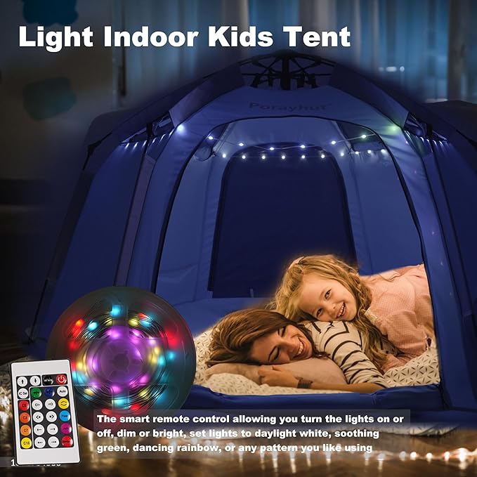 Portable Hexagon Kids Play Tent with LED Strip Lights Indoor Children Play House Easy Set-up Space Tent Dream Tent for Night.4-5 Person Birthday Gifts