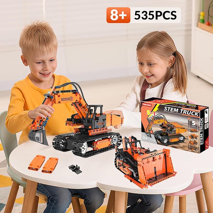 5in1 STEM Building Kits for Kids, STEM Building Toys for Kid, Remote & APP Controlled Excavator/Crane/Bulldozer/Road Roller/Dump Trucks Building Blocks Set for Boys Girls Birthday Xmas Idea Gifts