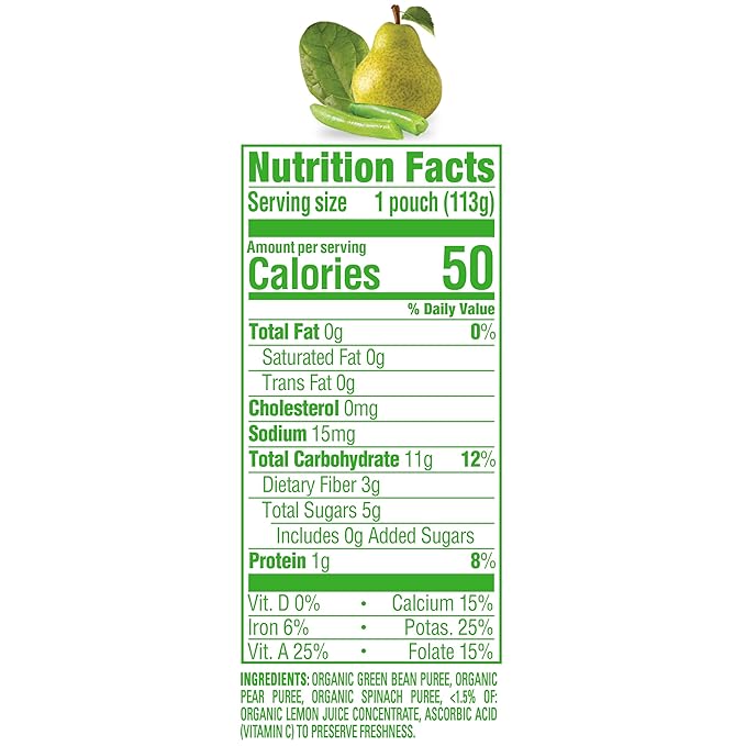 Happy Baby Organics Stage 2 Baby Food Pouches, Gluten Free, Vegan & Healthy Snack, Clearly Crafted Fruit & Veggie Puree, Green Beans, Pears & Spinach, 4 Ounces (Pack of 16)