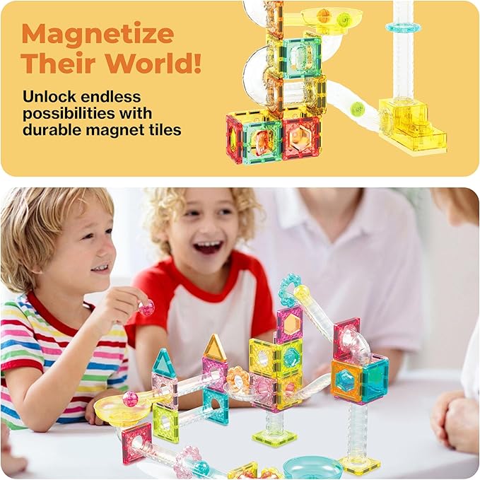 PicassoTiles 60 pc Magnet Tiles Building Block Travel Size Magnetic Marble Run Construction Toy Set Mini Diamond Marble RaceTrack Building Blocks Playset Education STEM Learning Kit Boy Girl 3+ PTMG60