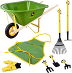 John Deere Deluxe 34" Wheelbarrow and Garden Set Includes 5 Realistic Gardening Tools,Gardening Apron, Gardening Gloves, Large Metal Wheelbarrow with Wooden Handles, Outdoor Toy Ages 5+