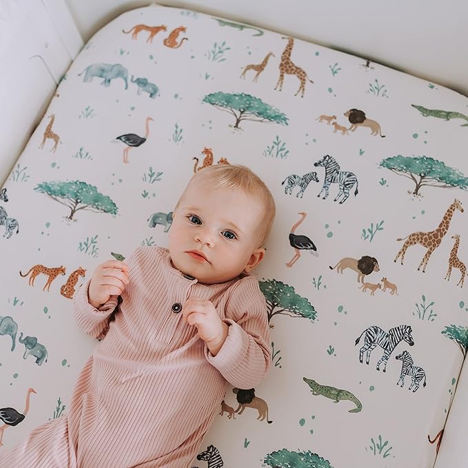 Crib Sheets Neutral - Fitted Baby Crib Sheets Bed for Girl Boy - 2 Pack Standard & Toddler Mattress (Safari Adventure) - Buttery Soft Organic Cotton Blend