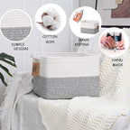 COMFY-HOMI Cotton Rope Woven Basket with Handles for Shelves,Toys,Book, Cloth Storage Baskets Bin for Organizing-13.5"x11"x9.5" Toy Decorative Organizer for Living Room, Bathroom-White/Grey
