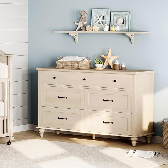 WAMPAT Beige Baby Dresser with 7 Drawers, Kids Dresser Wooden Dressers for Kids Room, Dressers Cabinet Storage Organizer for Bedroom, Children's Bedroom & Nursery
