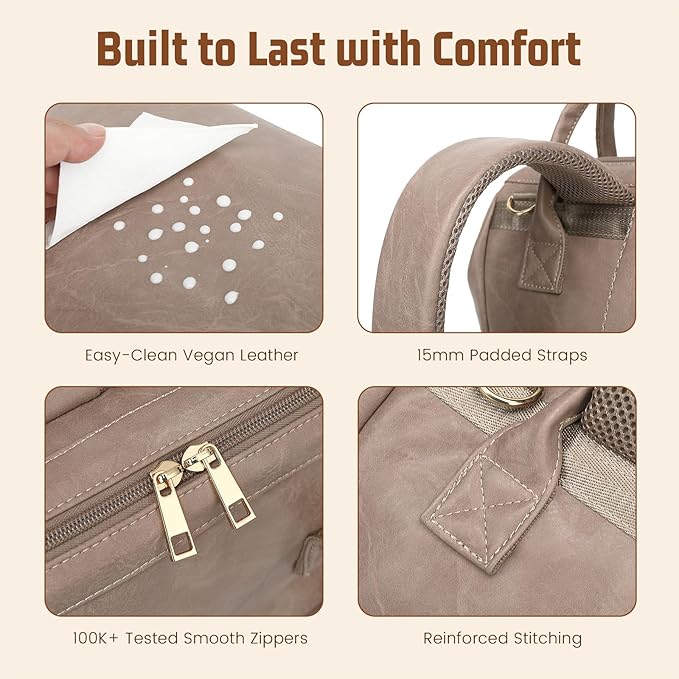 Premium Vegan Leather Diaper Bag Backpack with Waterproof Changing Pad – Reinforced Stitching & Zippers, Baby Bag for Boy Girl, Stroller Straps, Ergonomic Design for Traveling Moms, Taupe