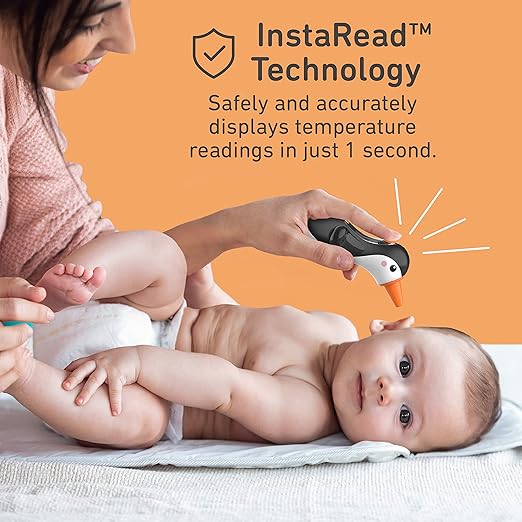 Pure Enrichment® PureBaby® Penguin Ear Thermometer - InstaRead™ Technology, LCD Backlit Display, 10 Memory Settings, Dual Scale Readings, Fever Alert, & Cover - Ideal for All Ages, Babies and Children