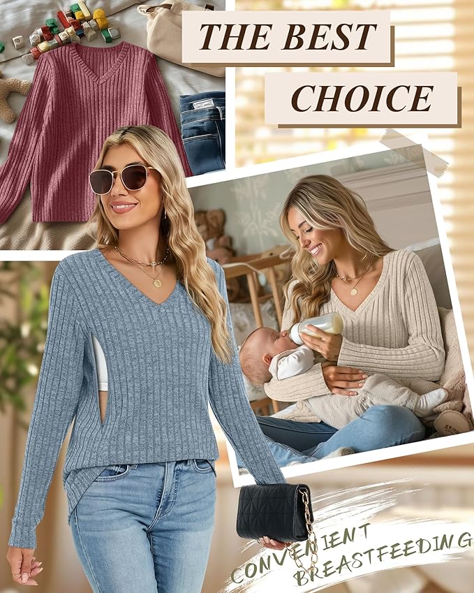 3 Pack Women's Maternity Nursing Tops, V Neck Breastfeeding Sweaters Long Sleeve Hidden Zipper Shirts
